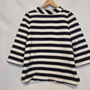 Ann Mashburn Navy White Striped Mock Neck Bell Sleeve Cotton Blouse